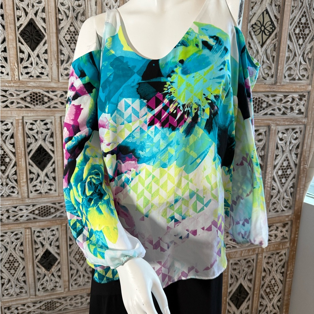 Worthington Blue and Yellow Asymmetrical Graphic Long Sleeve Blouse